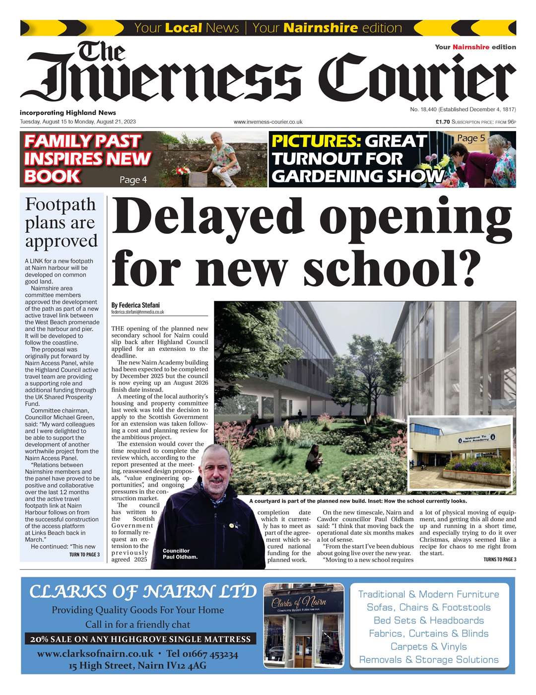 The Inverness Courier (Nairnshire edition), August 15, front page.