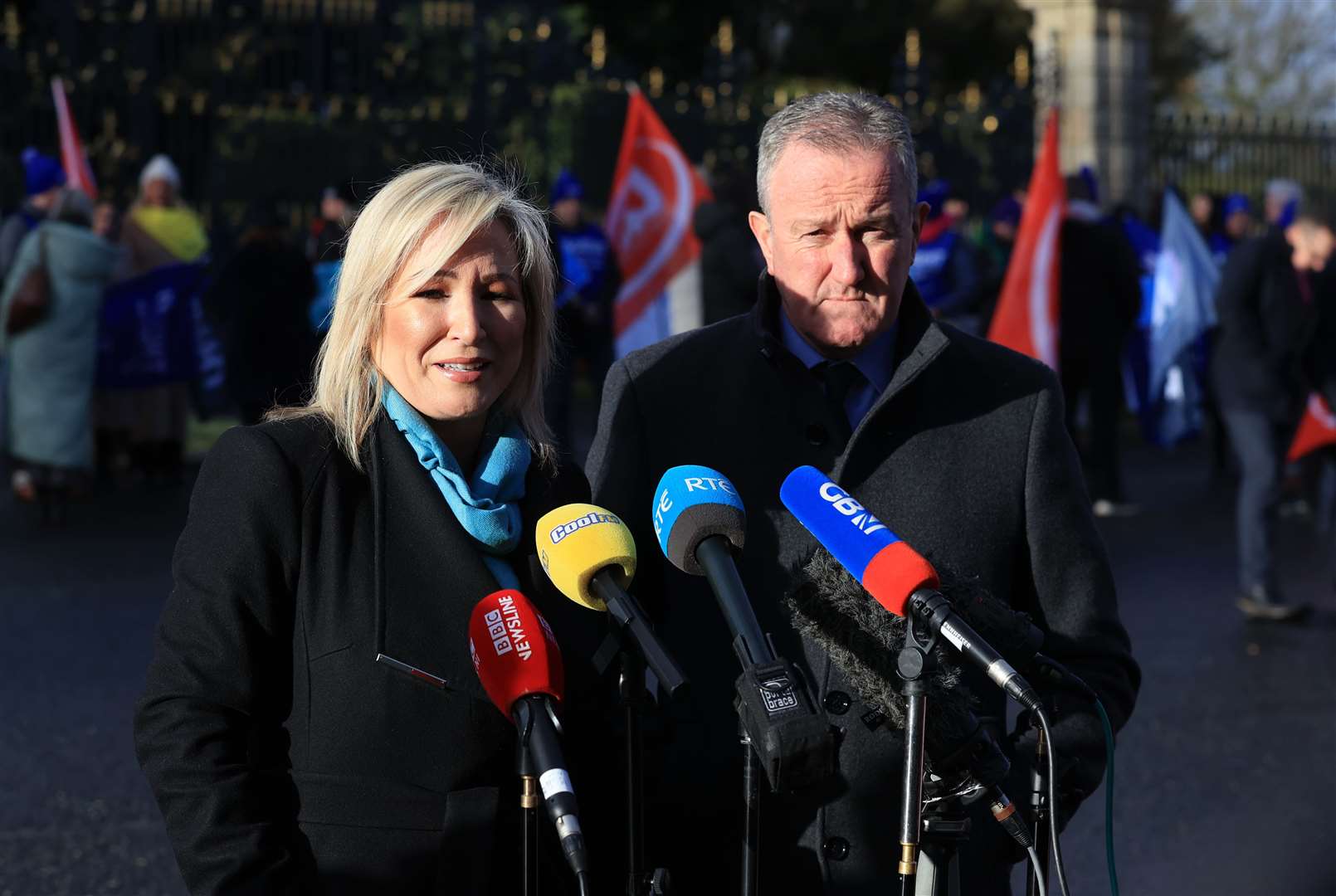 Sinn Fein representatives Michelle O’Neill and Conor Murphy outside Hillsborough Castle (Liam McBurney/PA)