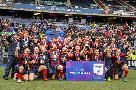 Ross Sutherland celebrate lifting the National Bowl at Murrayfield.