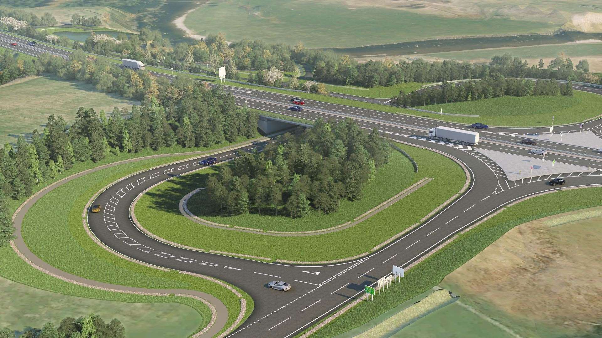 A visualisation of the new 'grade separated' Tomatin Junction which will be upgraded as part of the A9 Dualling Tomatin to Moy project.
