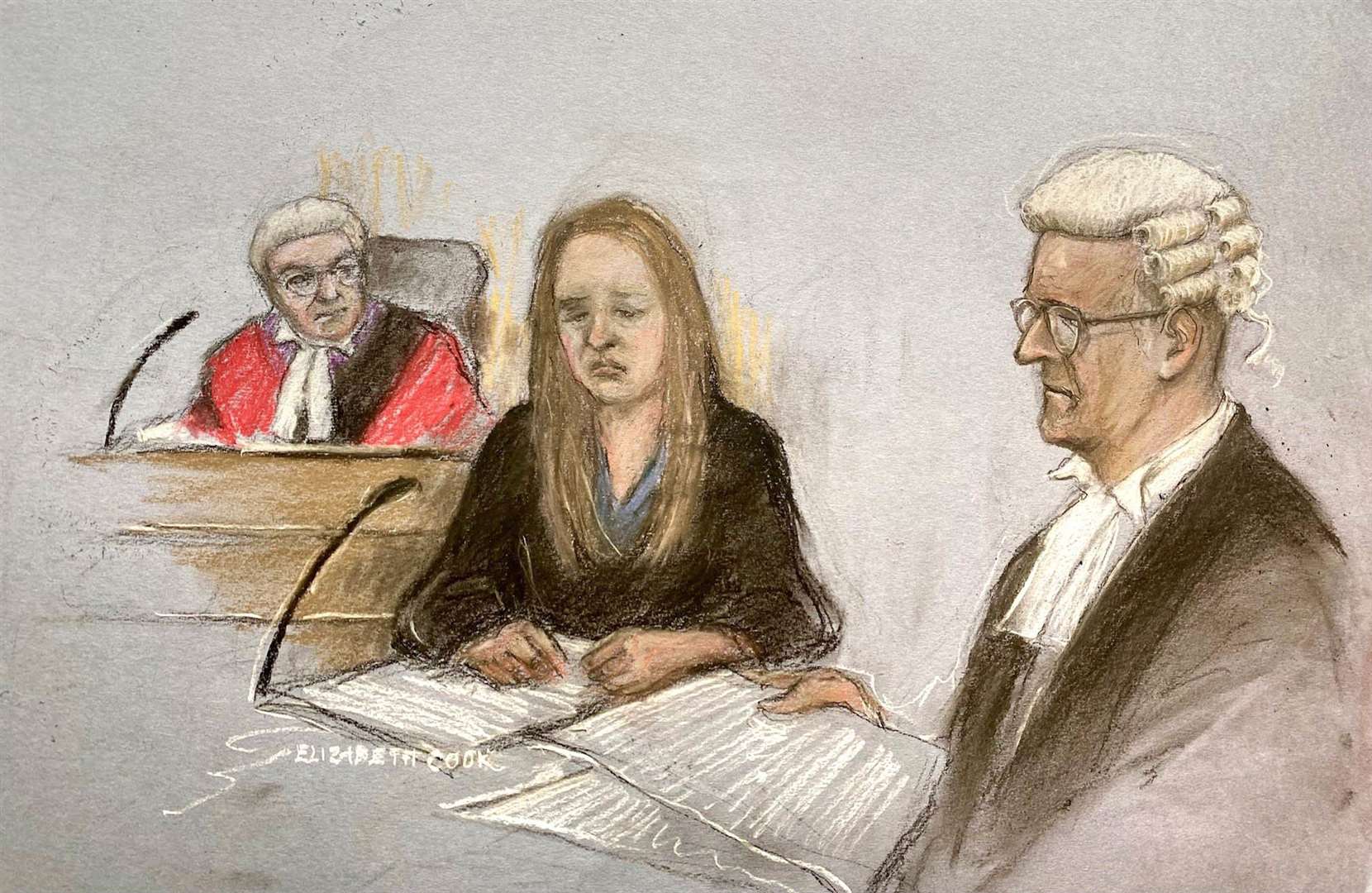 Court artist sketch of Lucy Letby being questioned by Nicholas Johnson KC at Manchester Crown Court, where she is charged with the murder of seven babies and the attempted murder of another 10 between June 2015 and June 2016 (Elizabeth Cook/PA)