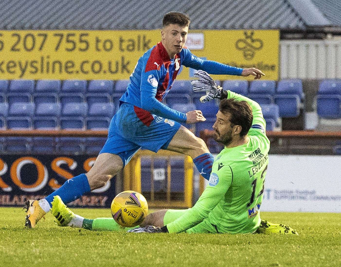 Picture - Ken Macpherson, Inverness. Inverness CT(1) v Dundee(1). 20.04.21. ICT’s Daniel Mackay scores the opening goal past Dundee 'keeper Adam Legzdins.