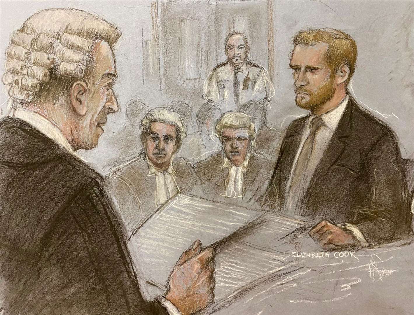 A sketch of the Duke of Sussex giving evidence during the phone hacking trial against MGN earlier this year (Elizabeth Cook/PA)