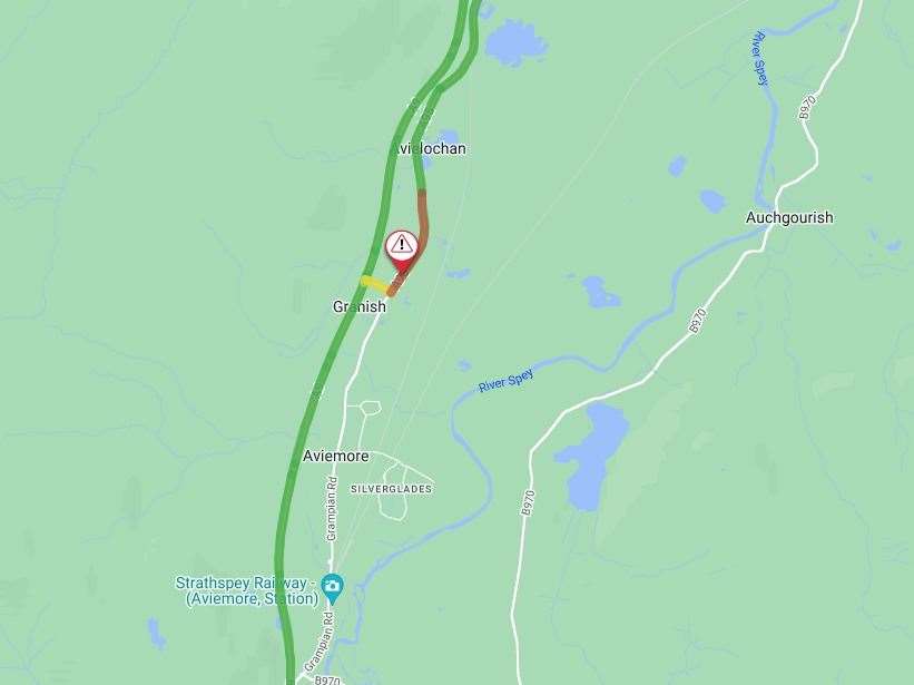 The location of a collision on the A95, near Aviemore.