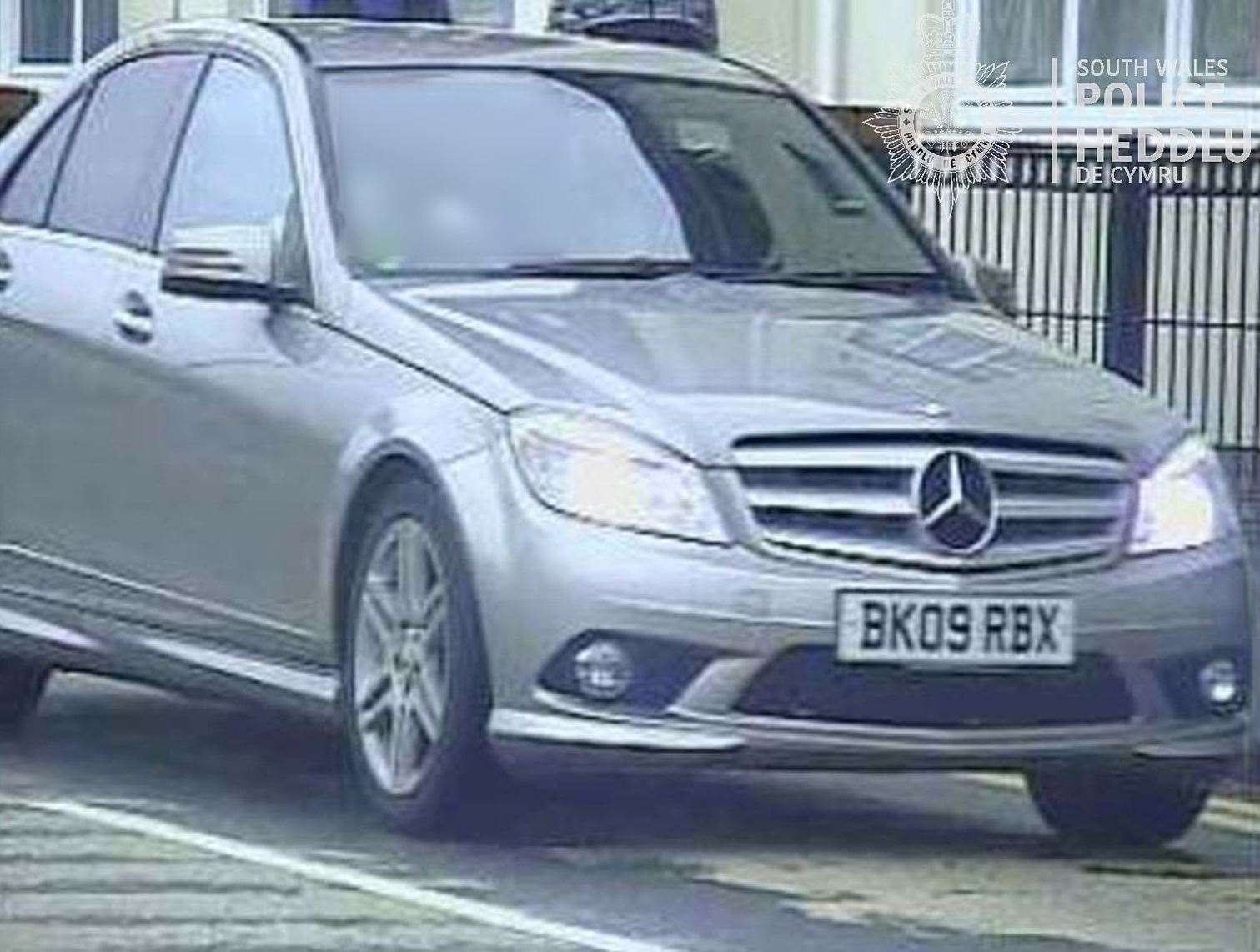 A silver/grey Mercedes C200 Sport, registration BK09 RBX, which police are trying to trace (South Wales Police/PA)