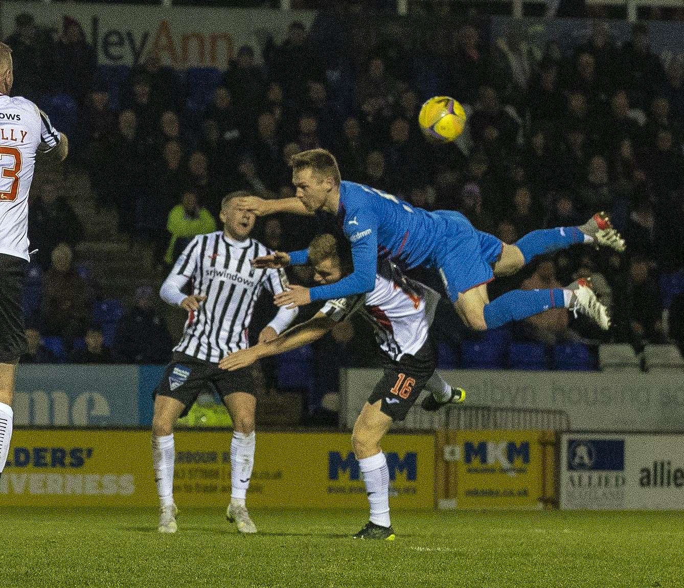 Billy McKay takes a flyer in action between Caley Jags and Dunfermline earlier this season