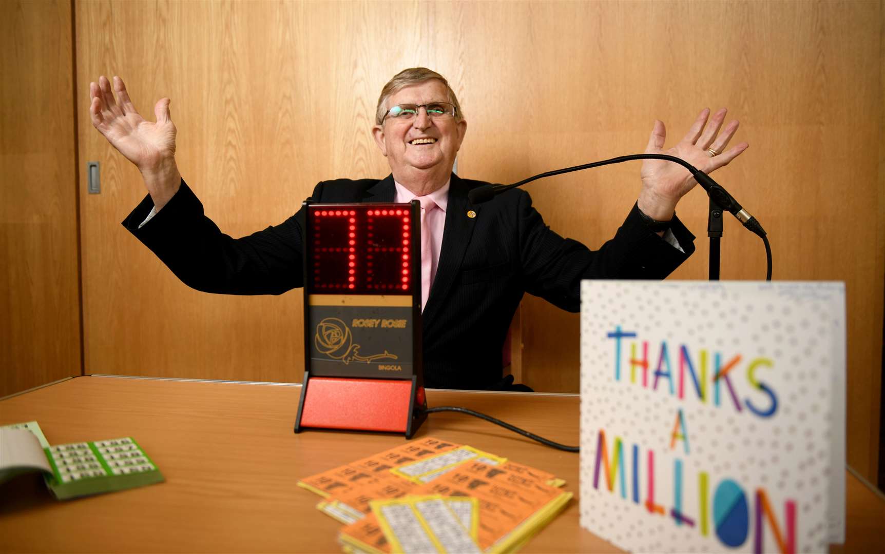 Don Williams with his age and Thank You card displayed. Picture: James Mackenzie