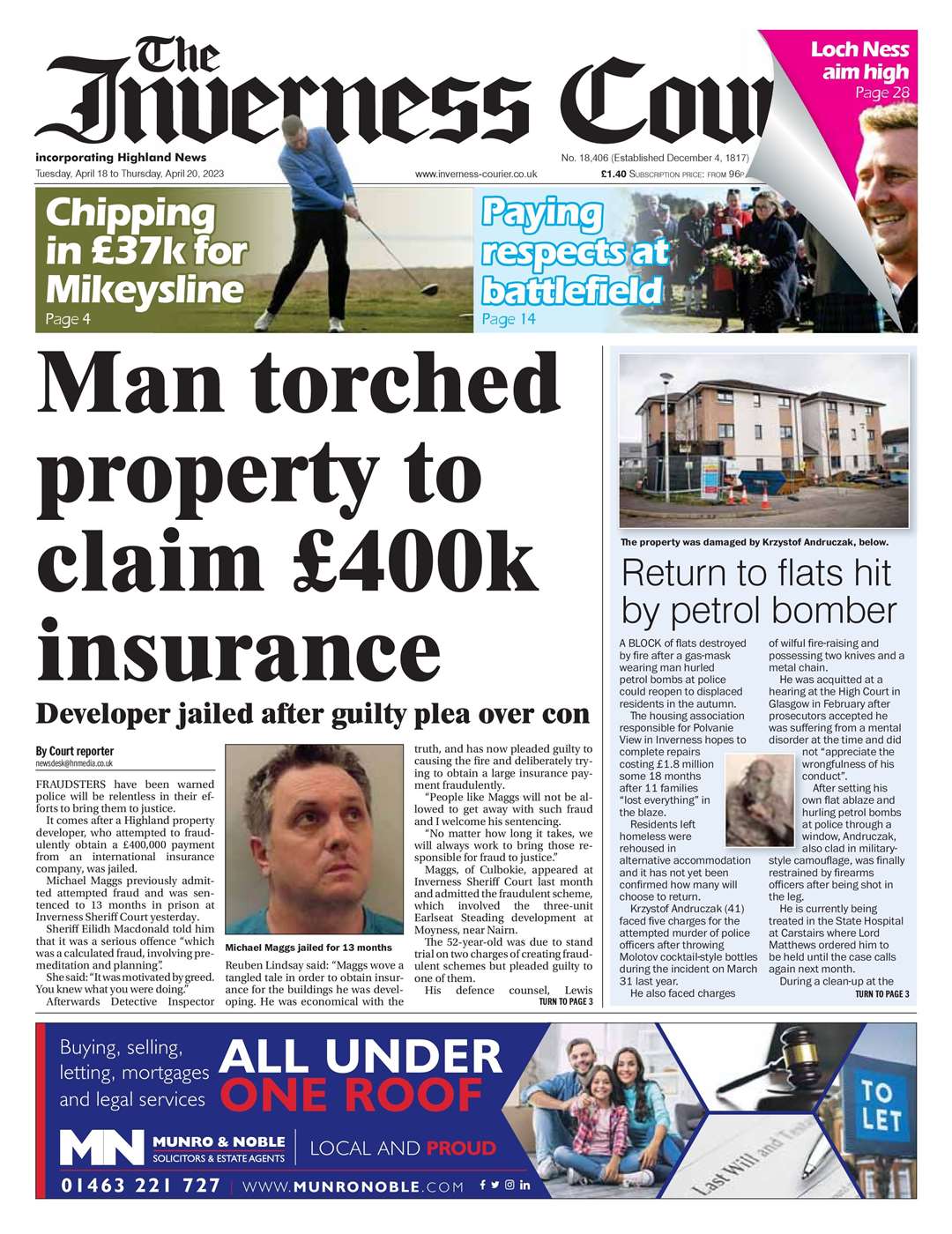 The Inverness Courier, April 18, front page.