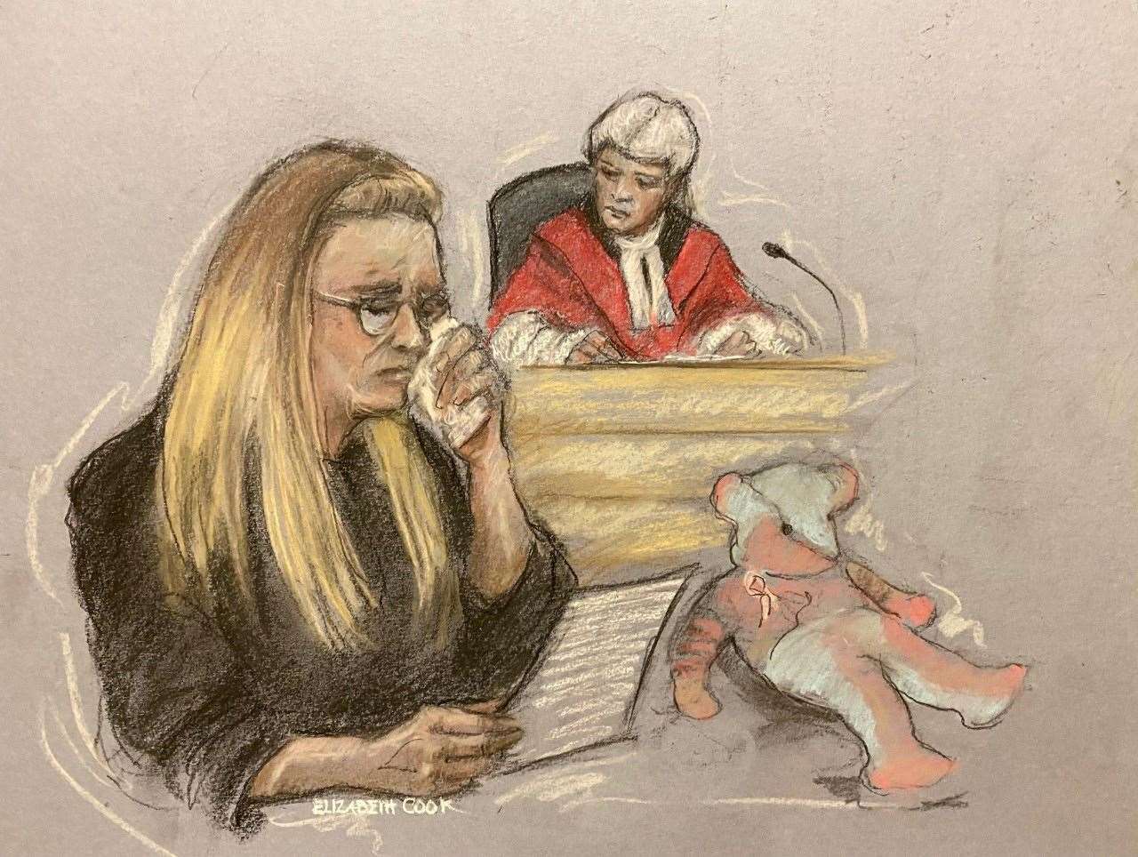Court artist sketch by Elizabeth Cook of Cheryl Korbel giving her witness statement at Manchester Crown Court (Elizabeth Cook/PA)