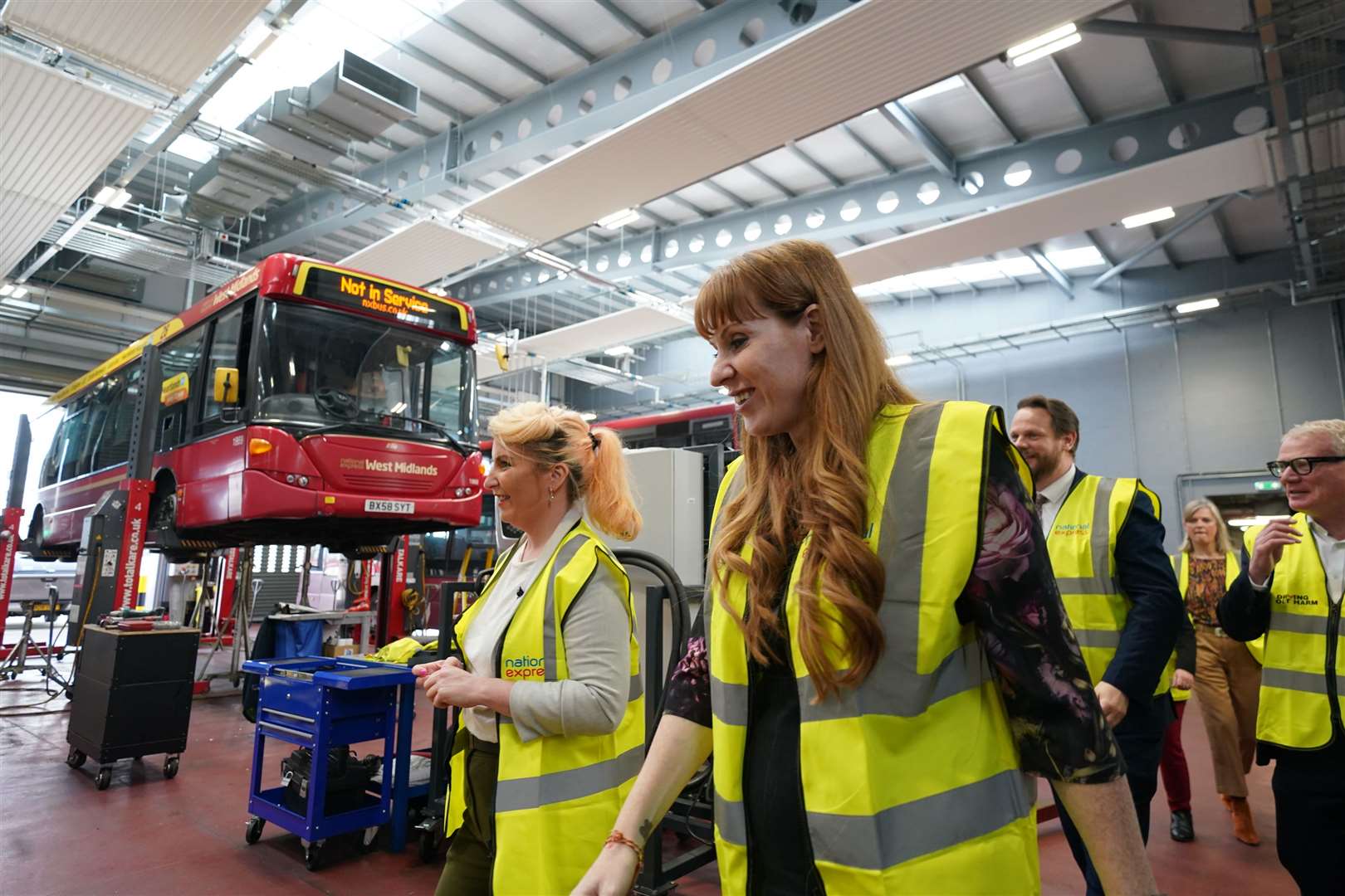 Shadow transport secretary Louise Haigh and deputy party leader Angela Rayner during a visit to Perry Barr bus depot in Birmingham (PA)