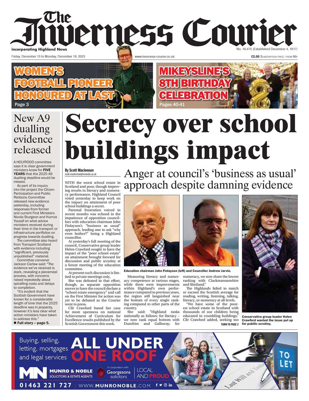 The Inverness Courier, December 15, front page.