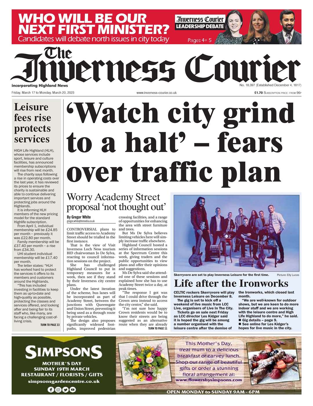 The Inverness Courier, March 17, front page.