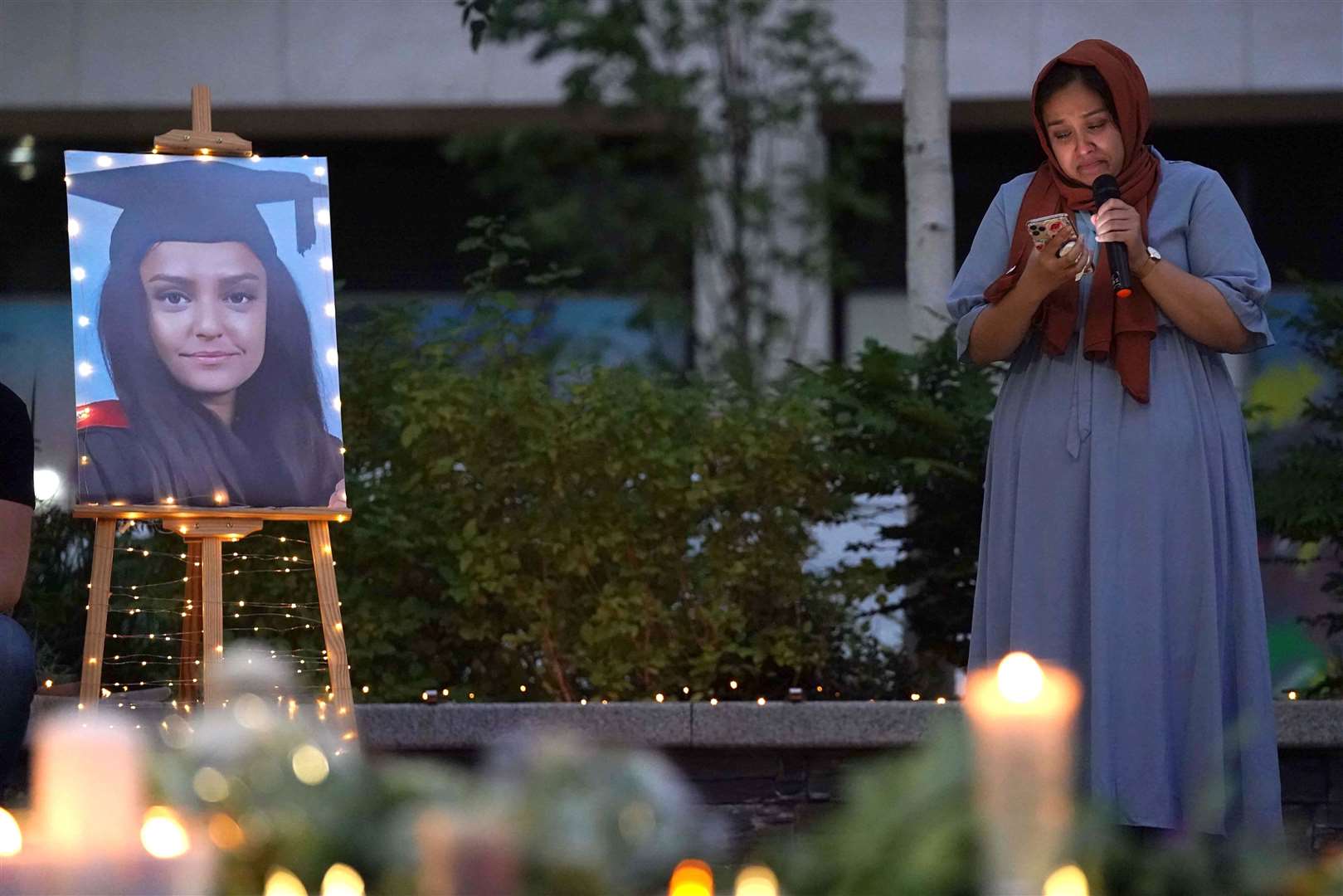 Sabina Nessa’s sister Jebina Yasmin Islam at a candlelit vigil in memory of the primary school teacher (Jonathan Brady/PA)