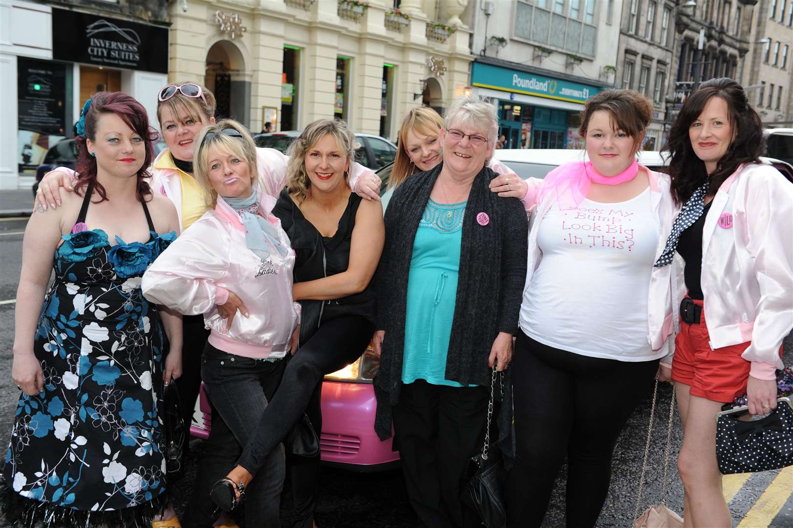 Mandy Bunce (4th left) celebrates her 40th birthday on a Grease theme with pink limo with friends and family.