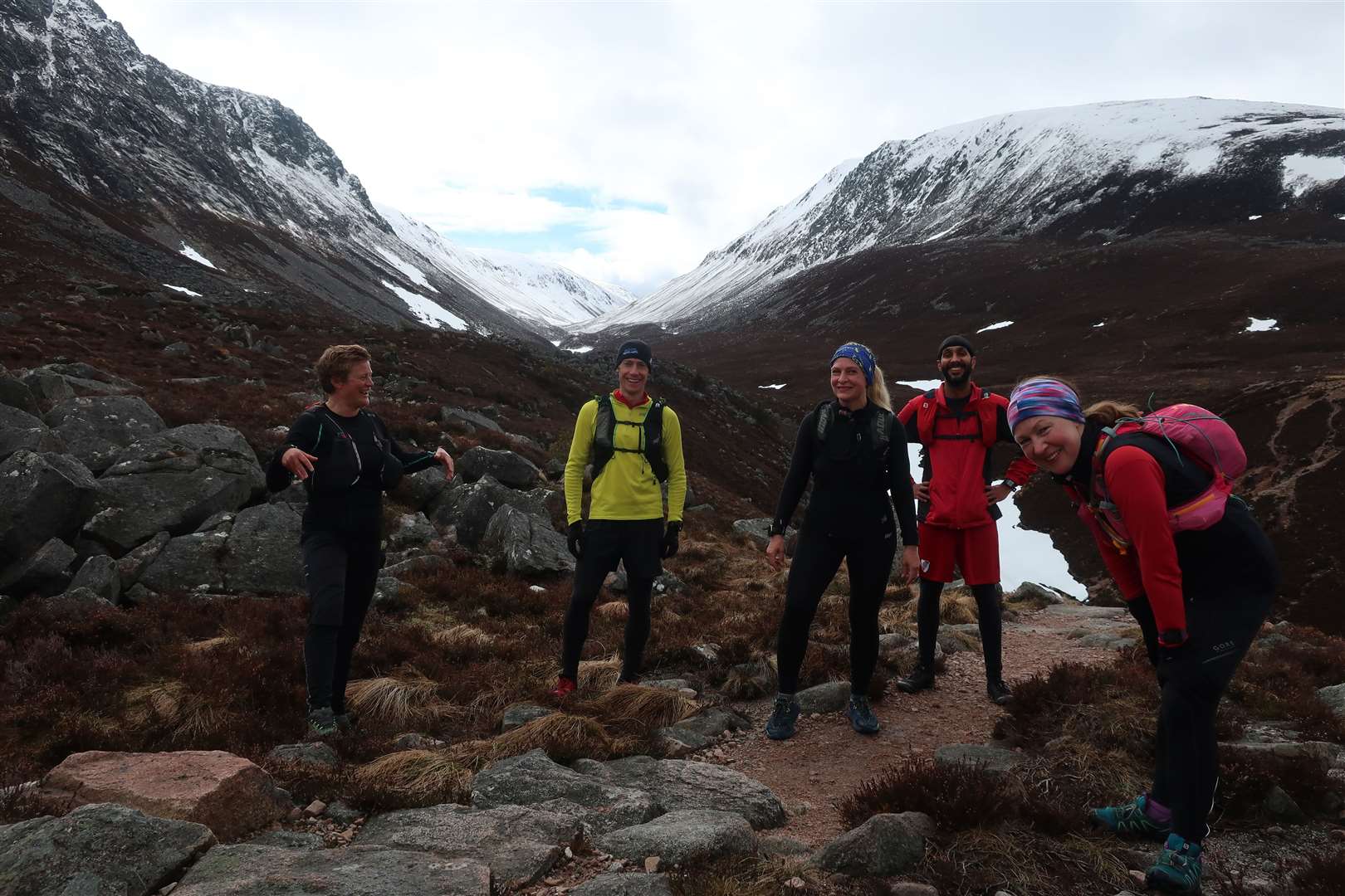 Ian Stewart (second left) with Tash, Nina, Balraj and Colleen with the Lairig Ghru behind.