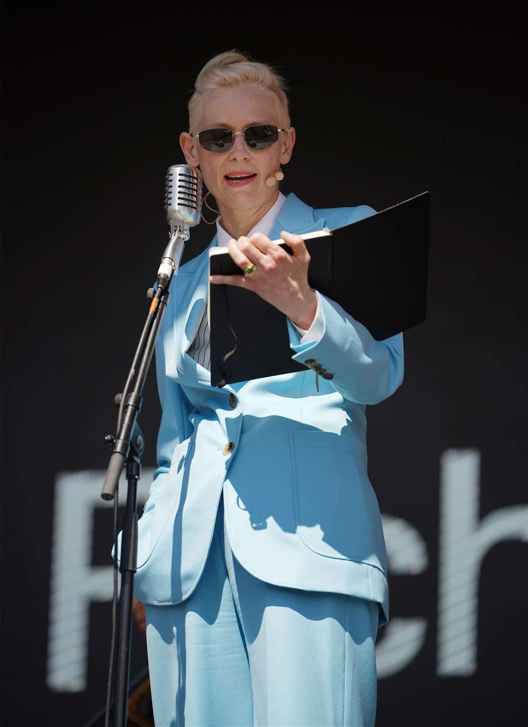 Tilda Swinton performing with modern classical instrumentalist Max Richter on the Park Stage (Yui Mok/PA)