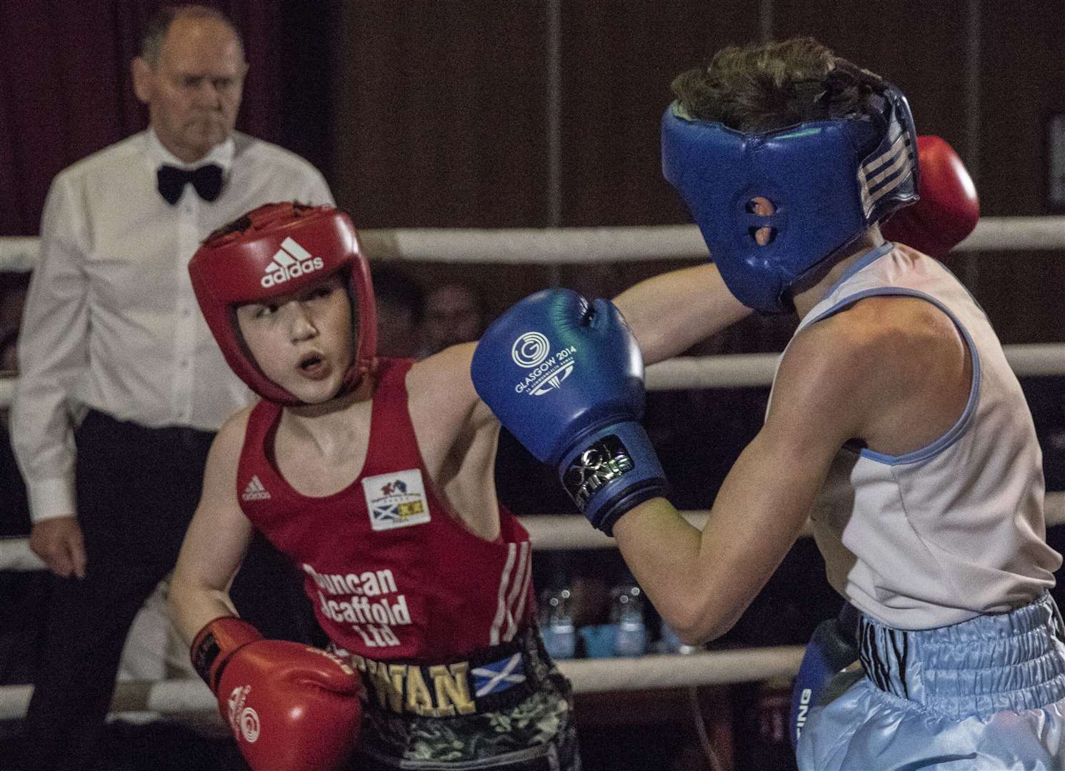 Ewan Gliniecki (red) defeated Cameron Sleith by unaninous decision at Highland Boxing Academy's home show in May 2019. Pictures: David Rothnie