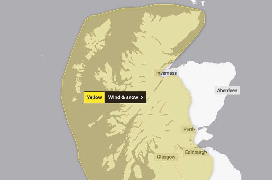 And a third alert - for heavy snow and strong winds - will take affect at 12.01am on Monday and last until midday on Tuesday. Picture: Met Office.