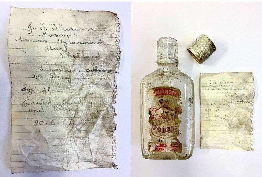 The note was found inside the empty vodka bottle.