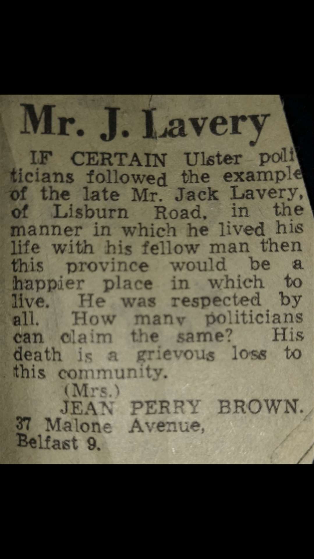 A letter written to the Belfast Telegraph following the death of John Lavery (Lavery family/PA)