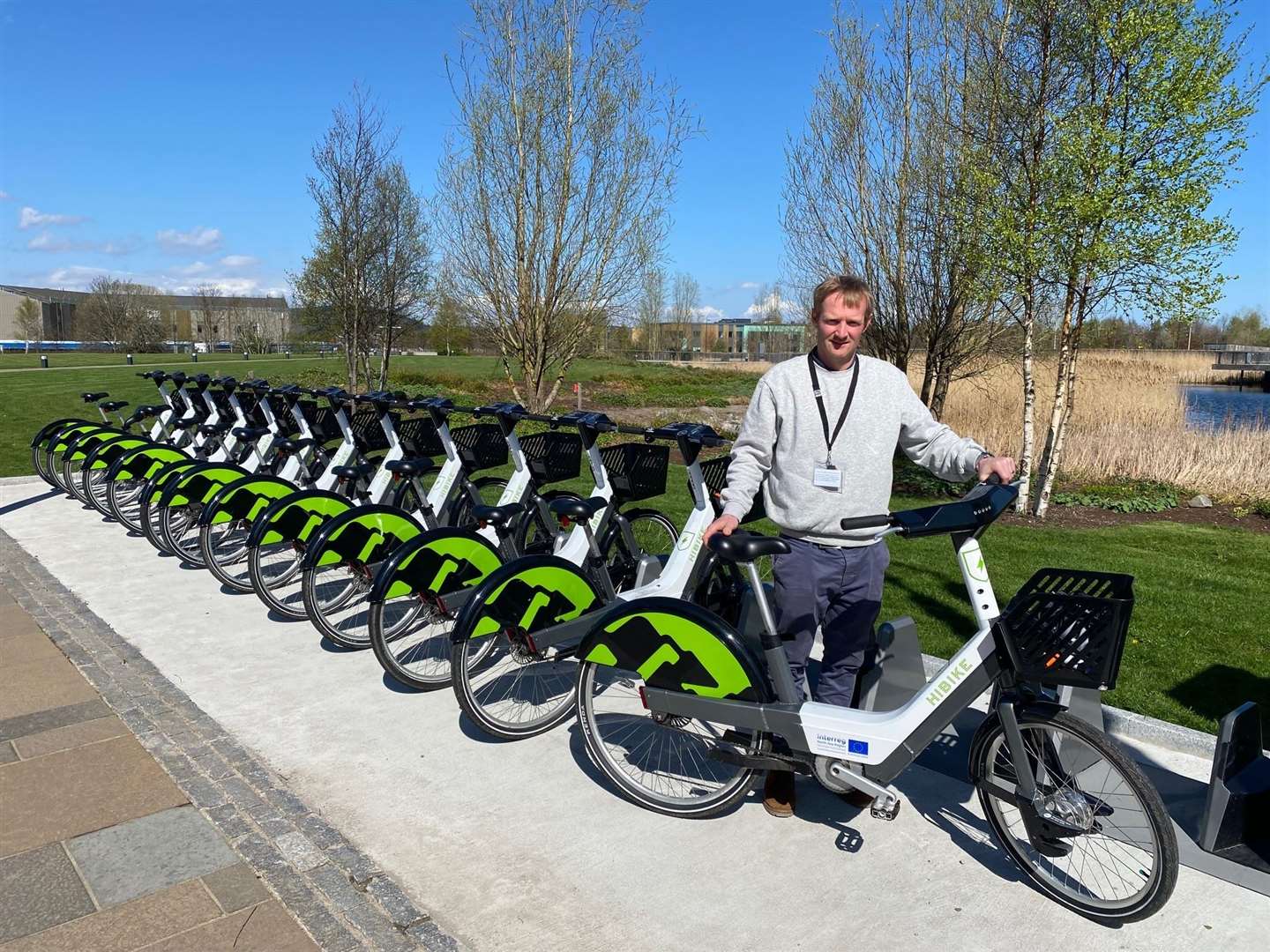 Sustainable Travel Day organiser Donald Hall from Highlands and Islands Enterprise with e-bikes at UHI Inverness.