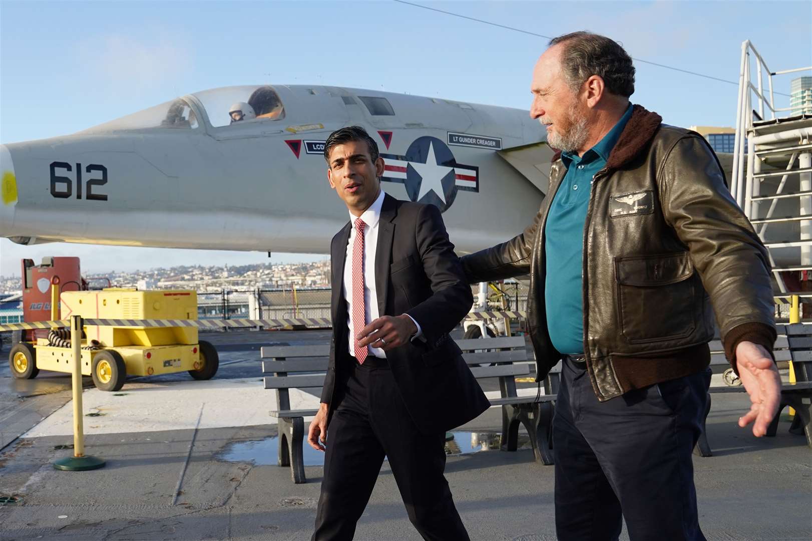 Rishi Sunak on the deck of the aircraft carrier USS Midway in San Diego (Stefan Rousseau/PA)