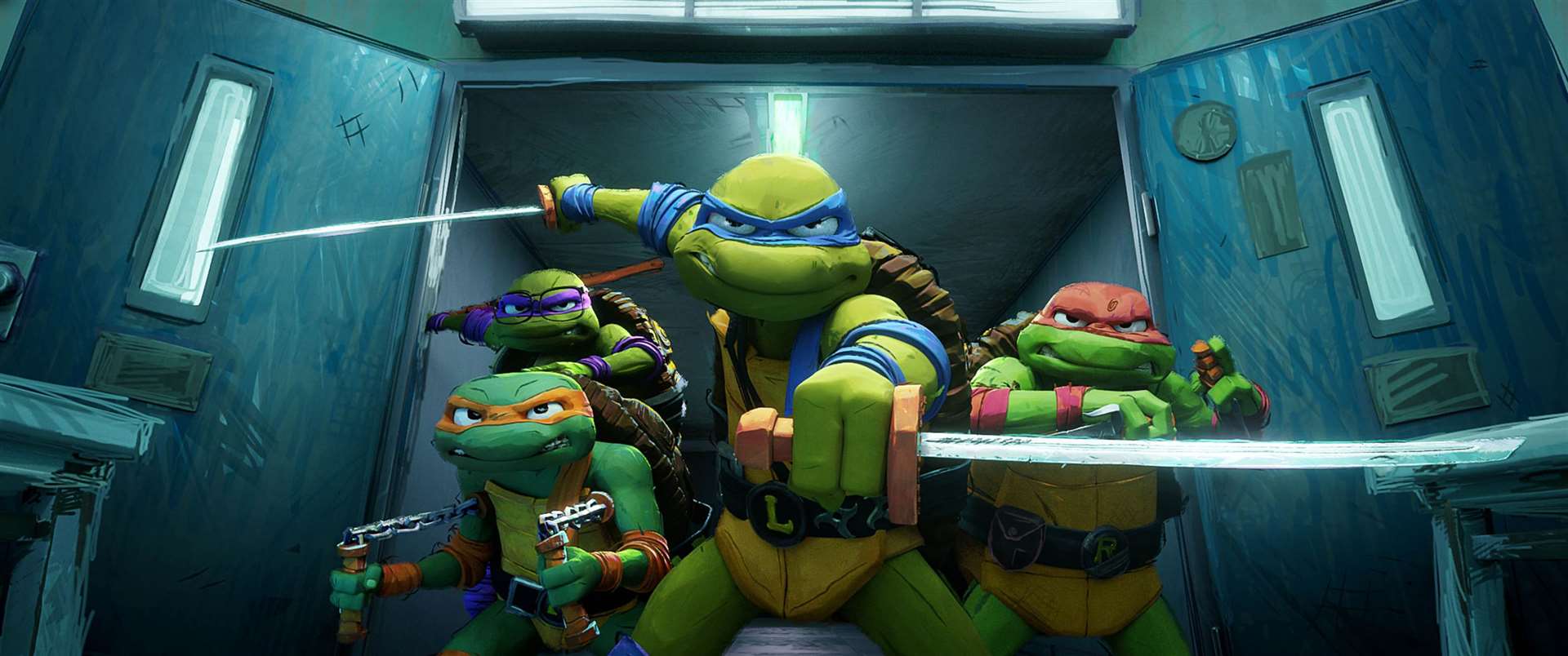 Teenage Mutant Ninja Turtles: Mutant Mayhem with Donatello (voiced by Micah Abbey), Leonardo (Nicolas Cantu), Raphael (Brady Noon) and Michelangelo (Shamon Brown Jr). Picture: Paramount Pictures. © 2023 PA Media