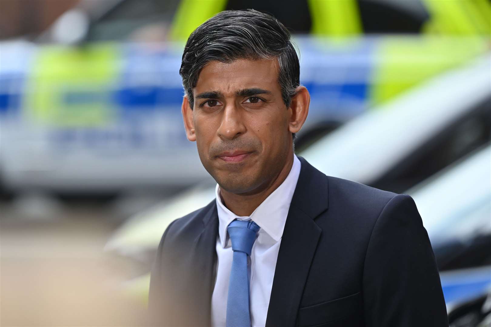 Prime Minister Rishi Sunak gives a pool interview during a visit to Kilburn police station in north west London (Justin Tallis/PA)