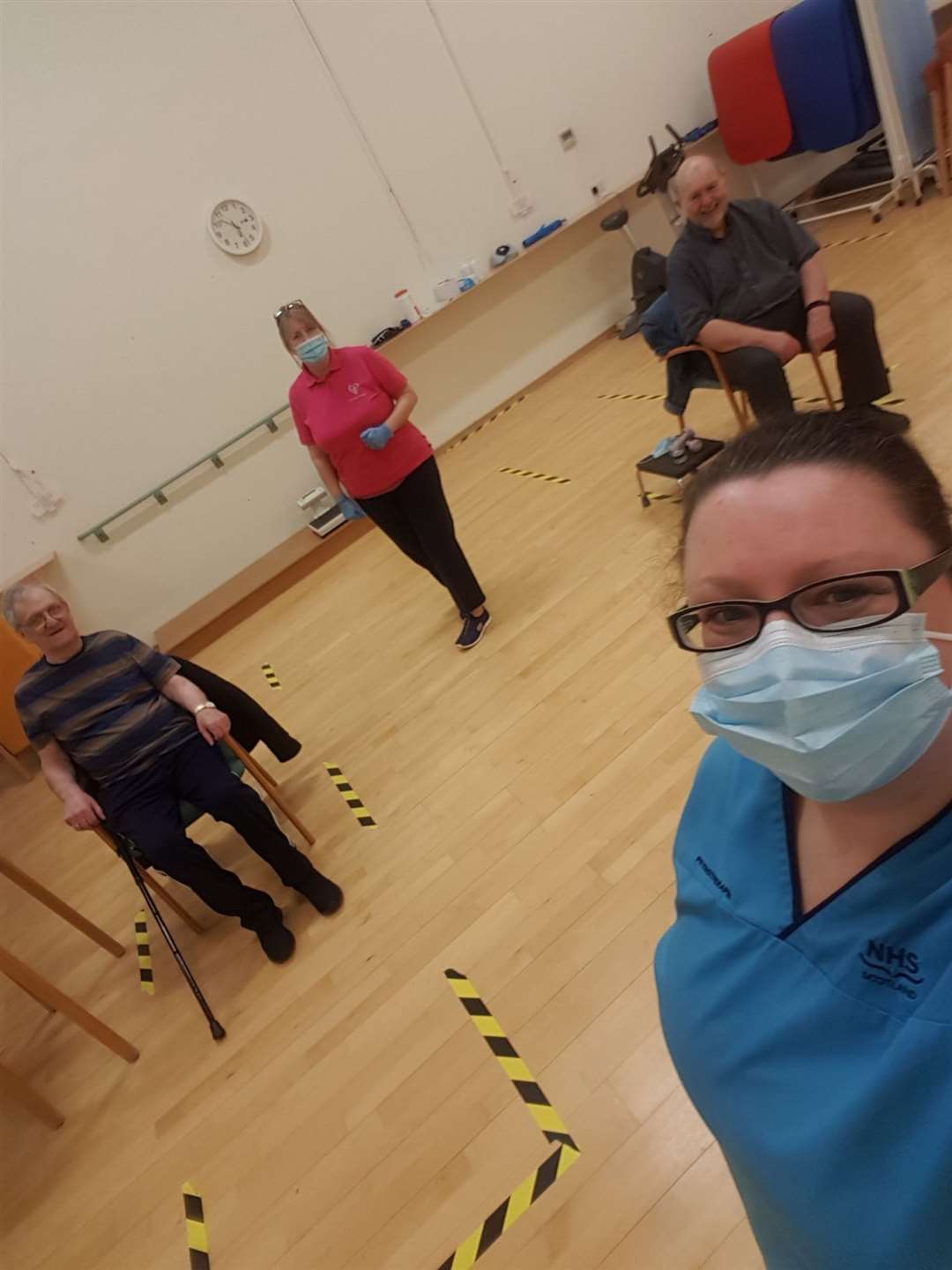 Lesley-Anne (front) and her colleague Nicola Munro, rehab assistant, along with two of our patients Mike Campbell and Ian Fraser