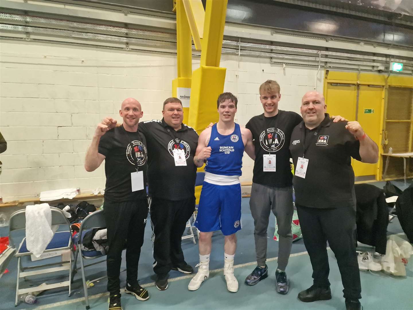 Barry Morrison, Michael Gliniecki, 2023 Development Championships finallist Alex McClymont, Levi Coyne and Liam Foy of Highland Boxing Academy (HBA).