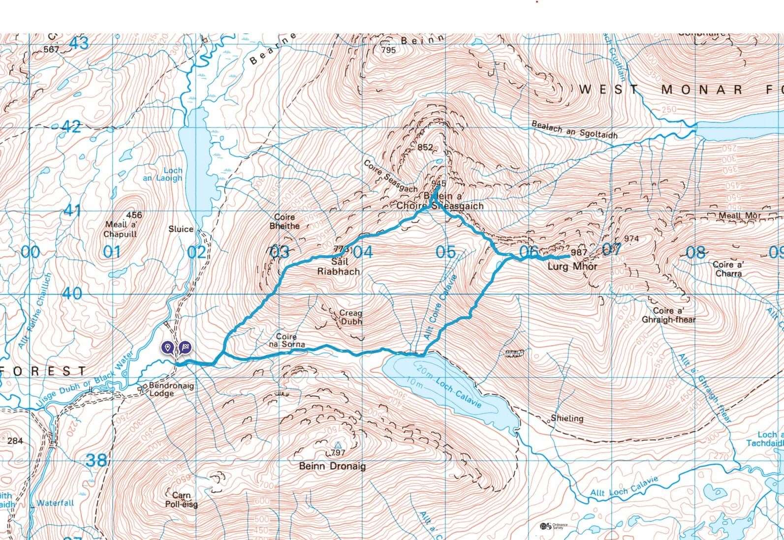 Bidein a’ Choire Sheasgaich and Lurg Mhor hike. ©Crown copyright 2024 Ordnance Survey. Media 034/24.