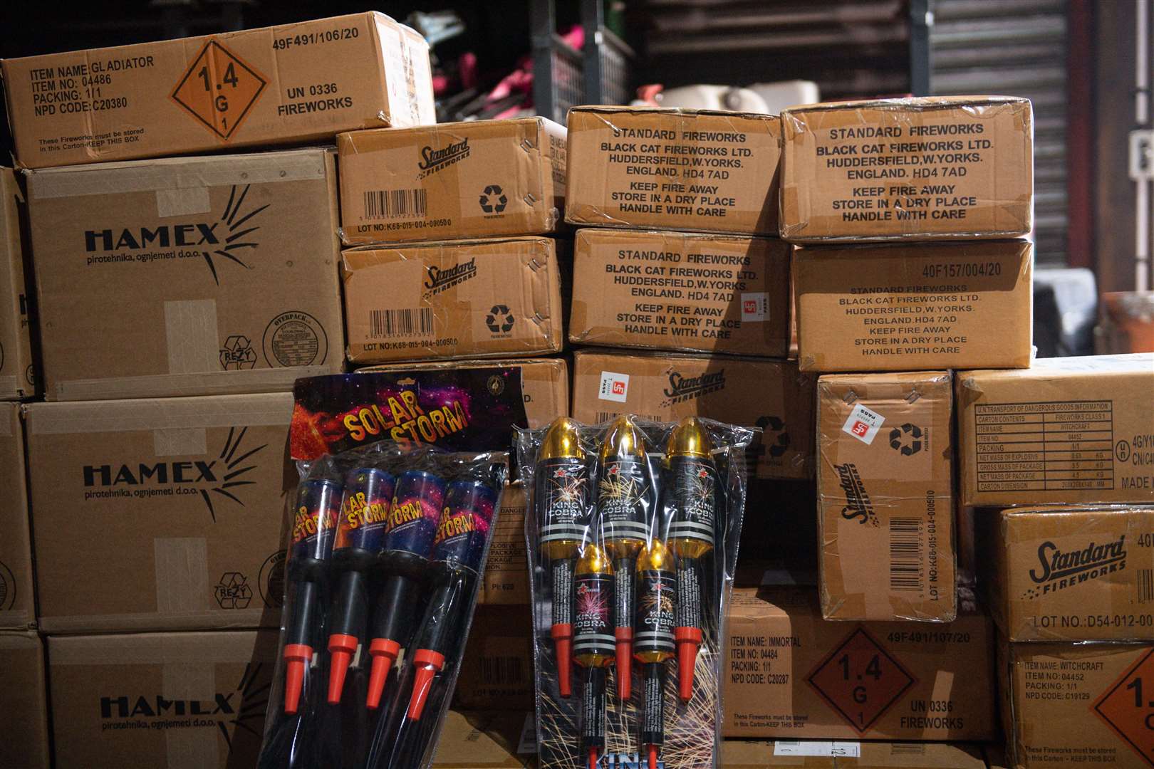 Pyrotechnics still in their boxes at a warehouse in the West Midlands (Jacob King/PA)