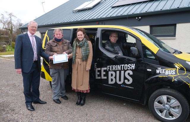 Councillor Allan Henderson, Chair, HITRANS, Guest of Honour Allan Forsyth, MSP Kate Forbes and driver Frank Holmes.