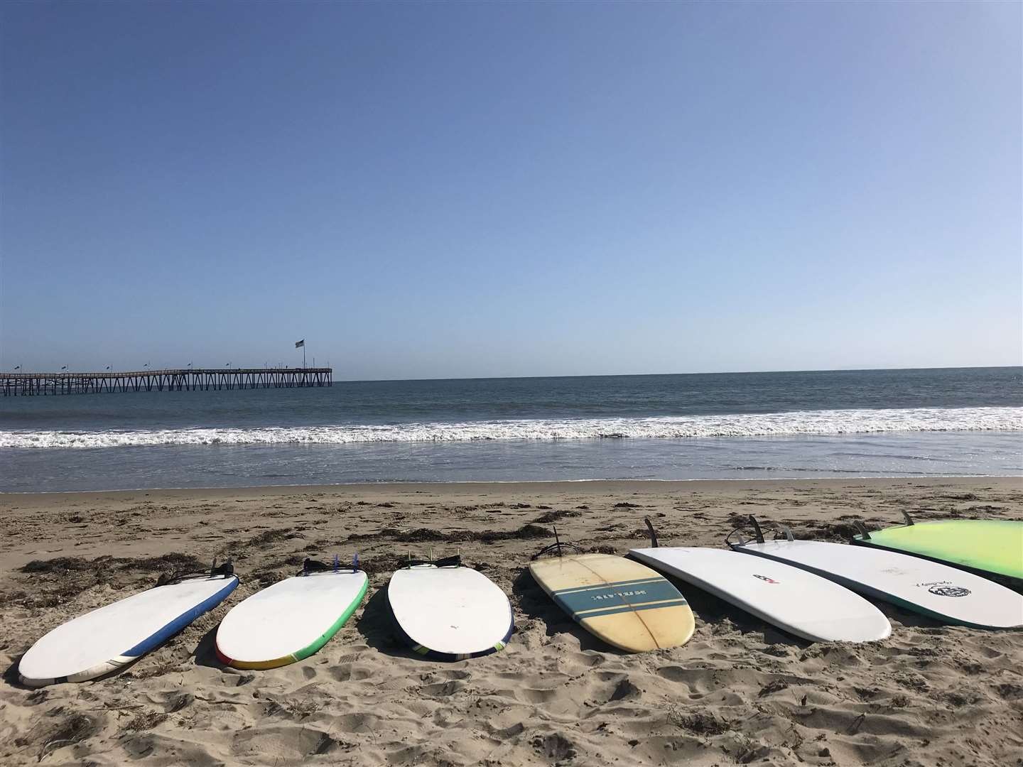 Surfboards lined up ahead of a lesson on Ventura Beach. Picture: PA Photo/Liz Connor