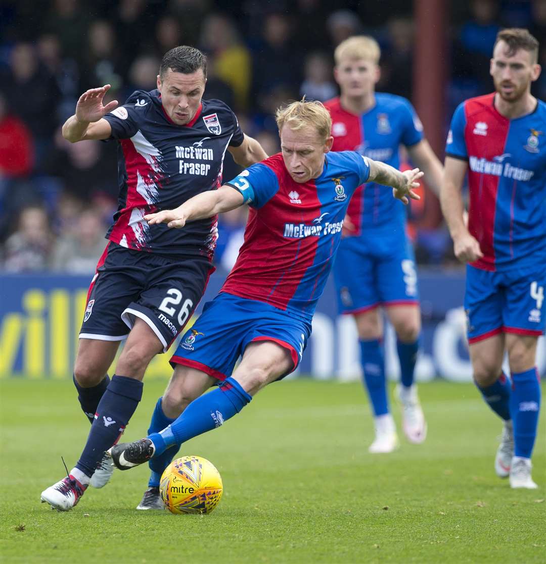 ICT's Carl Tremarco keeps possession from Ross County's Don Cowie in their Highland derby days.