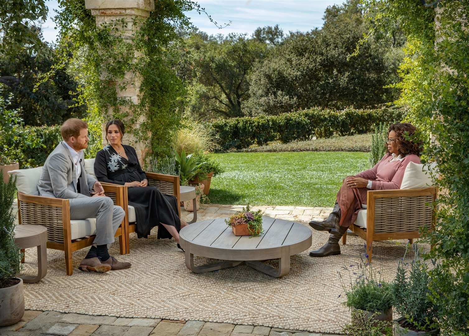 Harry and Meghan during their Oprah Winfrey interview. Harpo Productions /Joe Pugliese