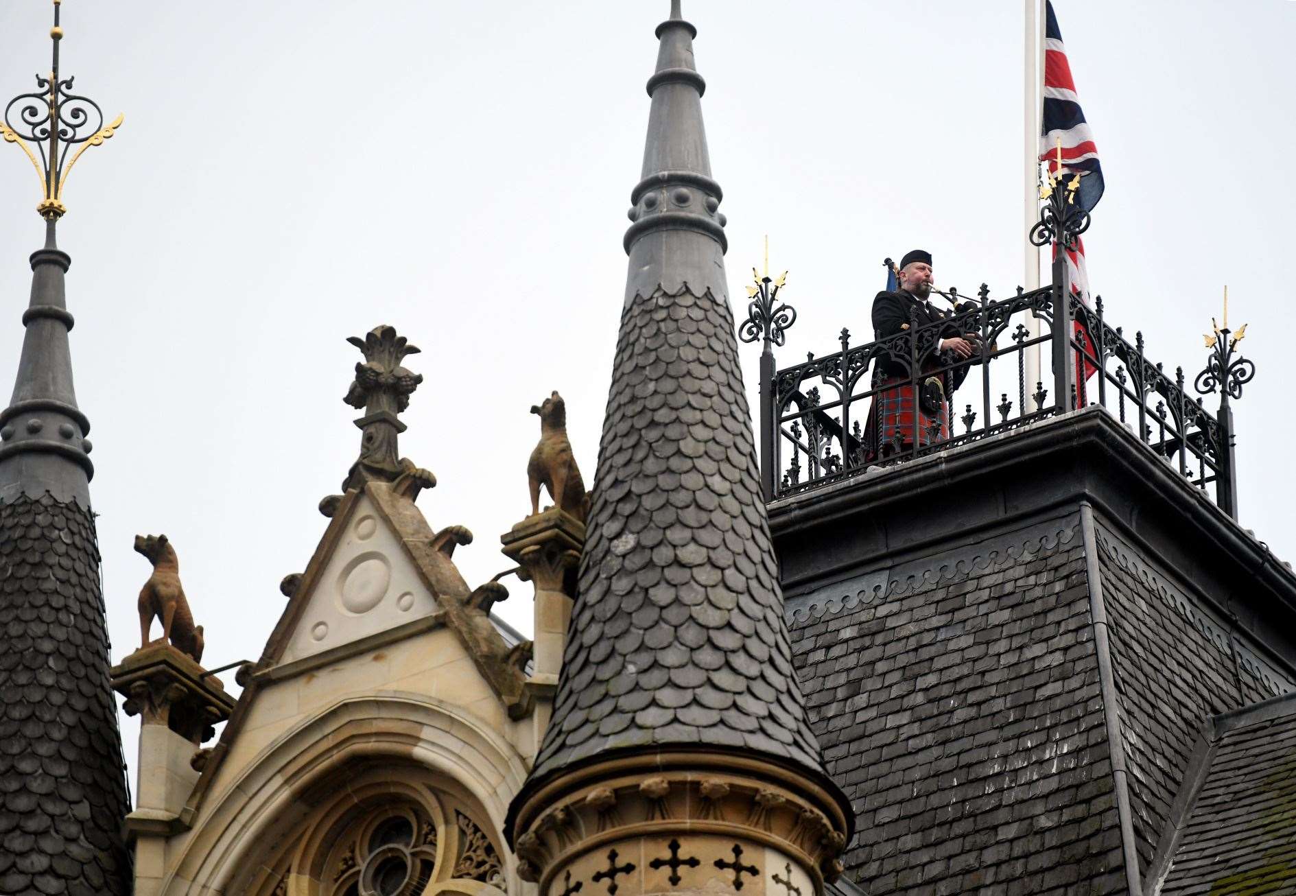 Scott Taylor on the roof of Inverness Town House playing the Immortal Memory ahead of Queen Elizabeth II's funeral. Picture: James Mackenzie.