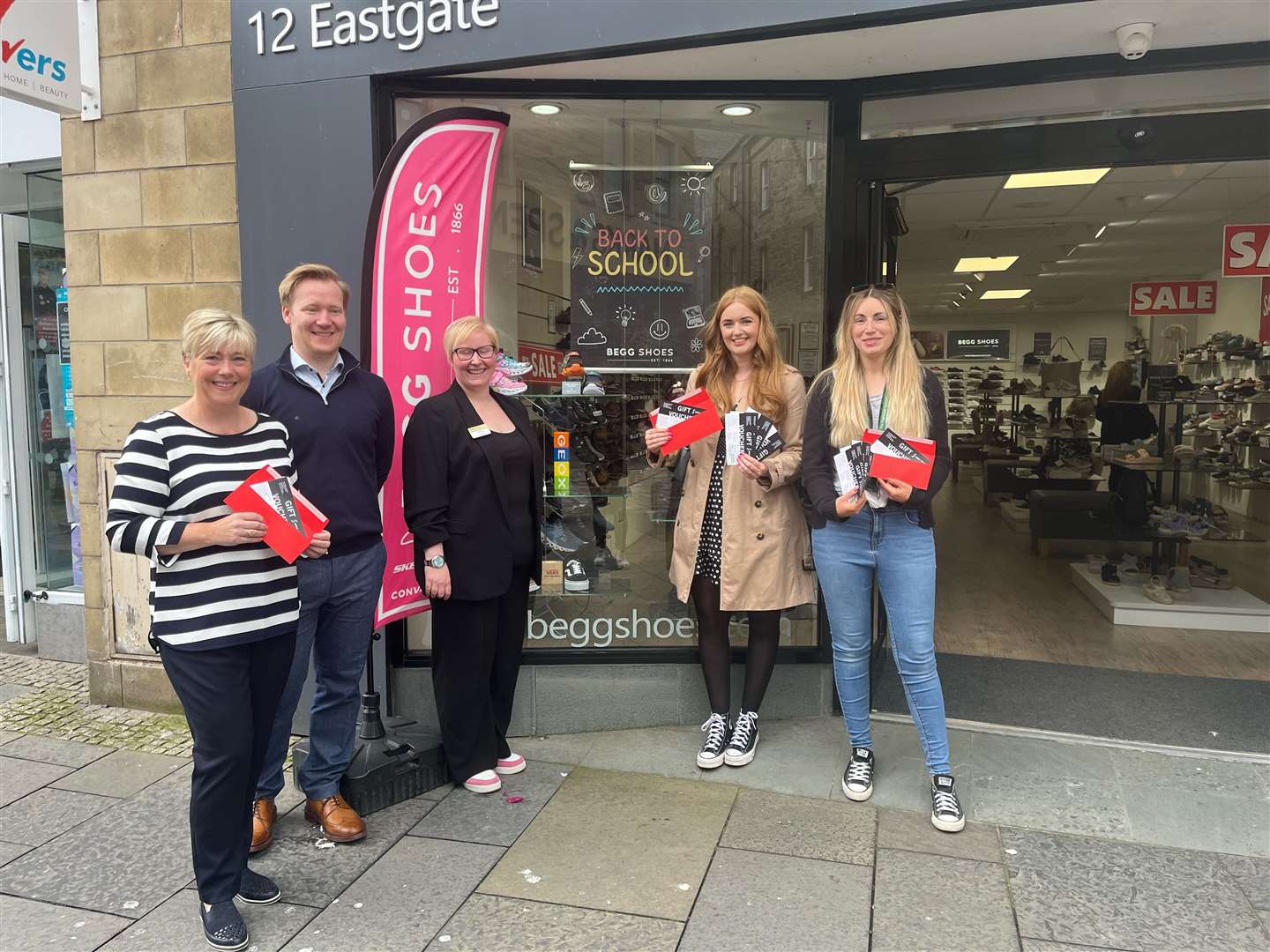 Mel Thomson (founder, HALO), Gavin Begg (director, Begg Shoes), Mhairi Macleod (store manager, Begg Shoes), Caoimhe Simpson (trustee, HALO) and Jackie Crennell (early years practitioner).