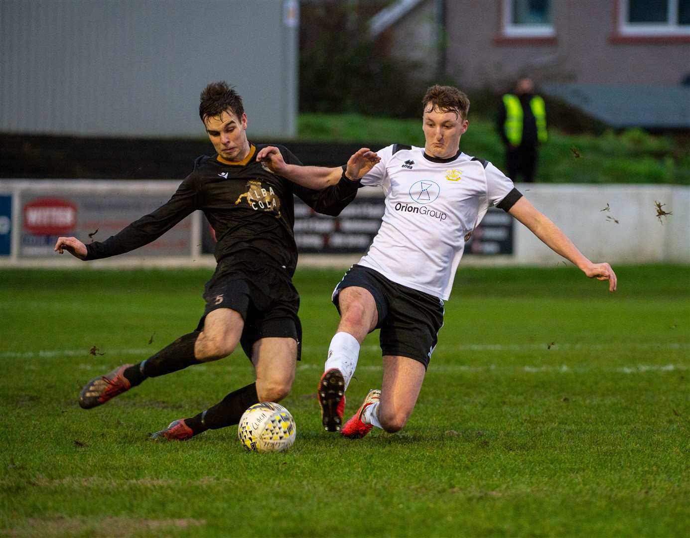 Clachnacuddin v Caledonian Braves Scottish Cup preliminary second round, Grant Street Park, Inverness..Braves Scott Forrester and Clach forward Connor Bruce challenge for the ball...Picture: Callum Mackay..