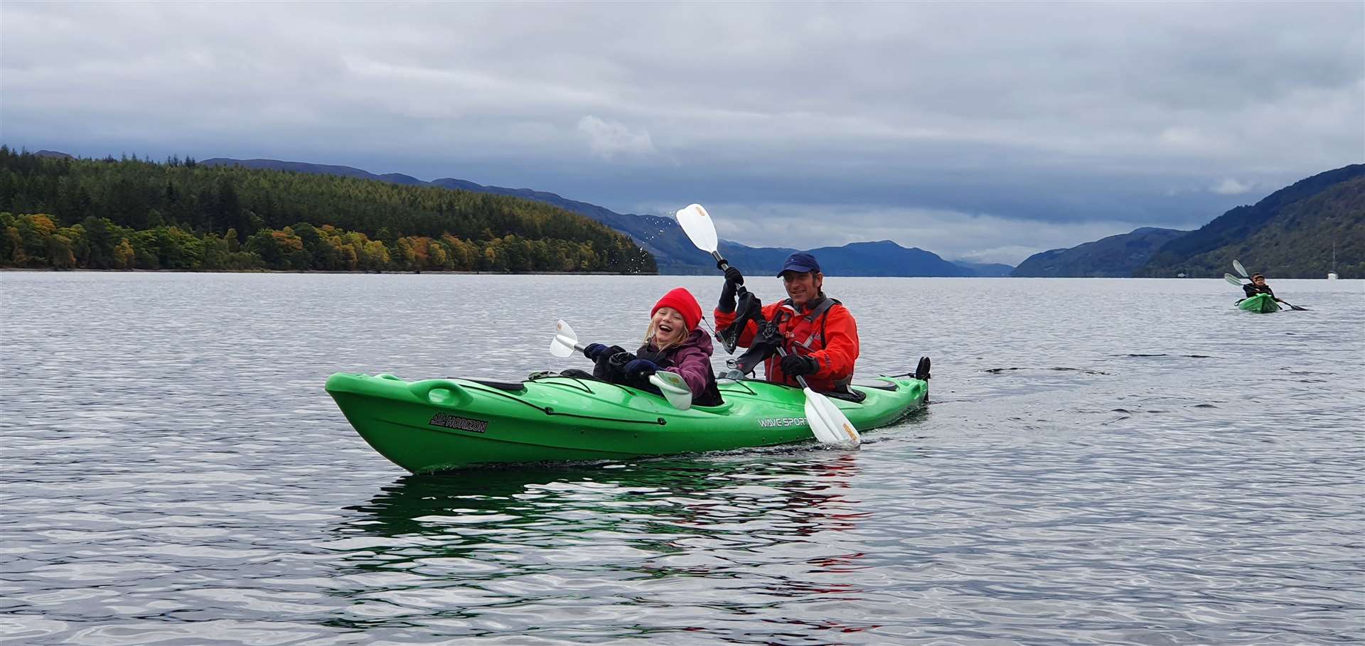 John kayaking on Loch Ness with his daughter Clara on a trip with local activity provider Explore Highland.