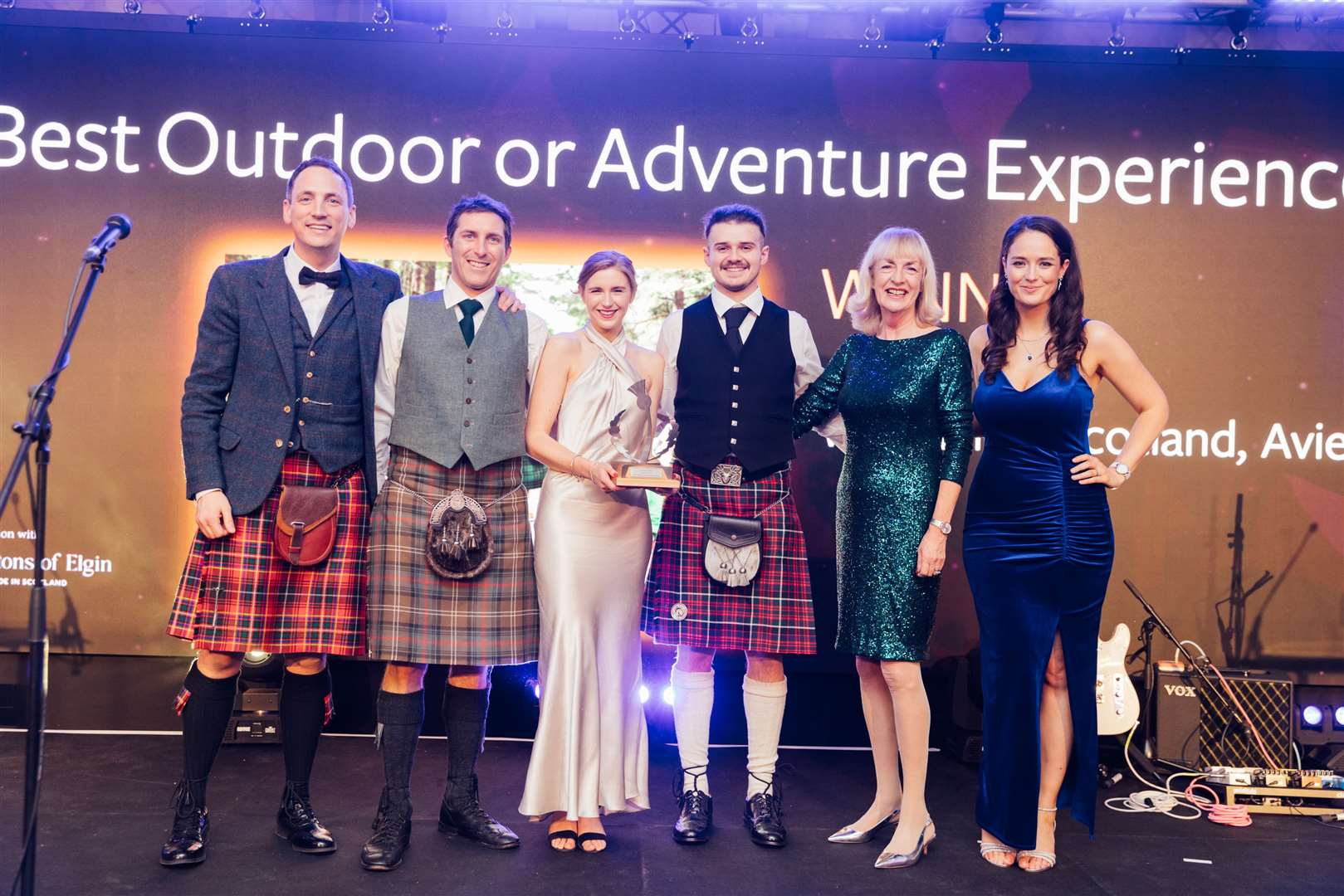 Gary Innes, Ben Thorburn, Emily Schaschke and Arran Goddard from Wilderness Scotland, Best Outdoor or Adventure Experience award winner, with Anne Anderson, VisitScotland board member and presenter Jennifer Reoch. Picture: Connor Mollison