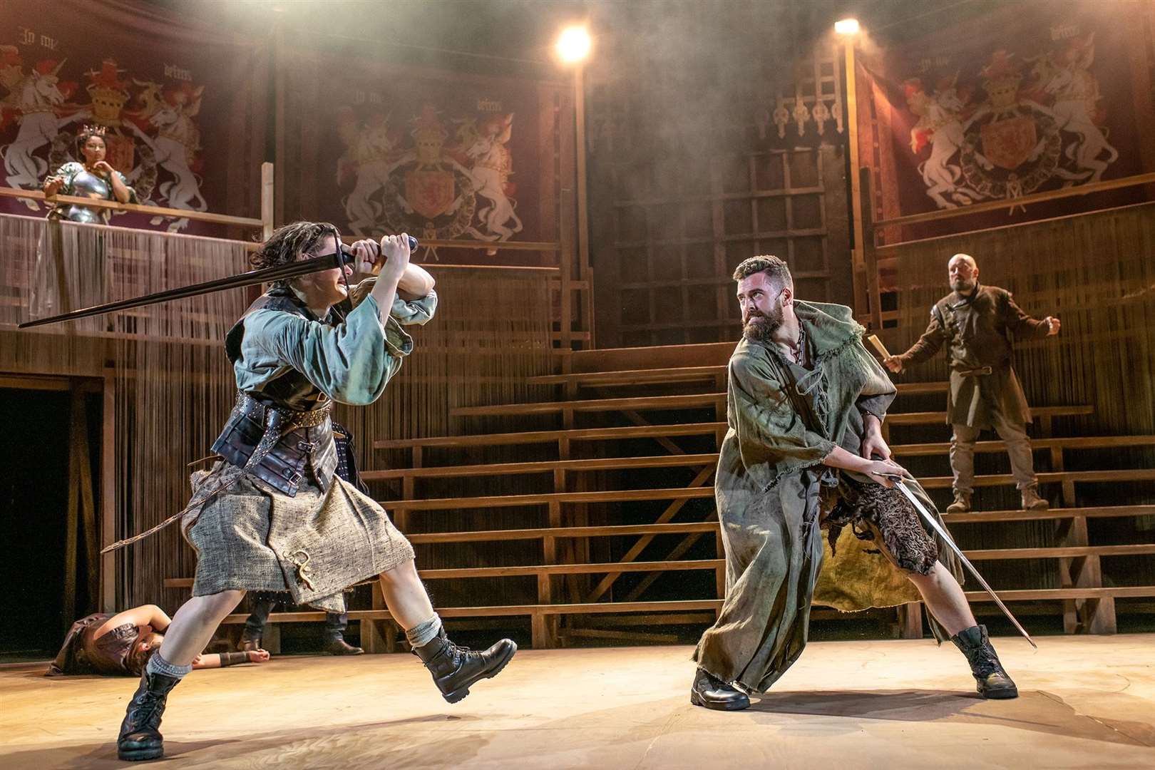 Malcolm Cumming (left) – more sword swinging – playing Highland noble Donald taking on James IV (Daniel Cahill) in James IV: Queen Of The Fight. Picture: Mihaela Bodlovic