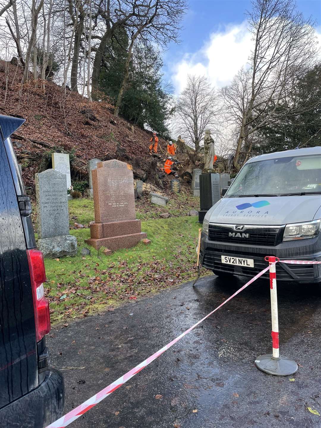 Clearing storm damage at Tomnahurich Cemetery, Inverness.
