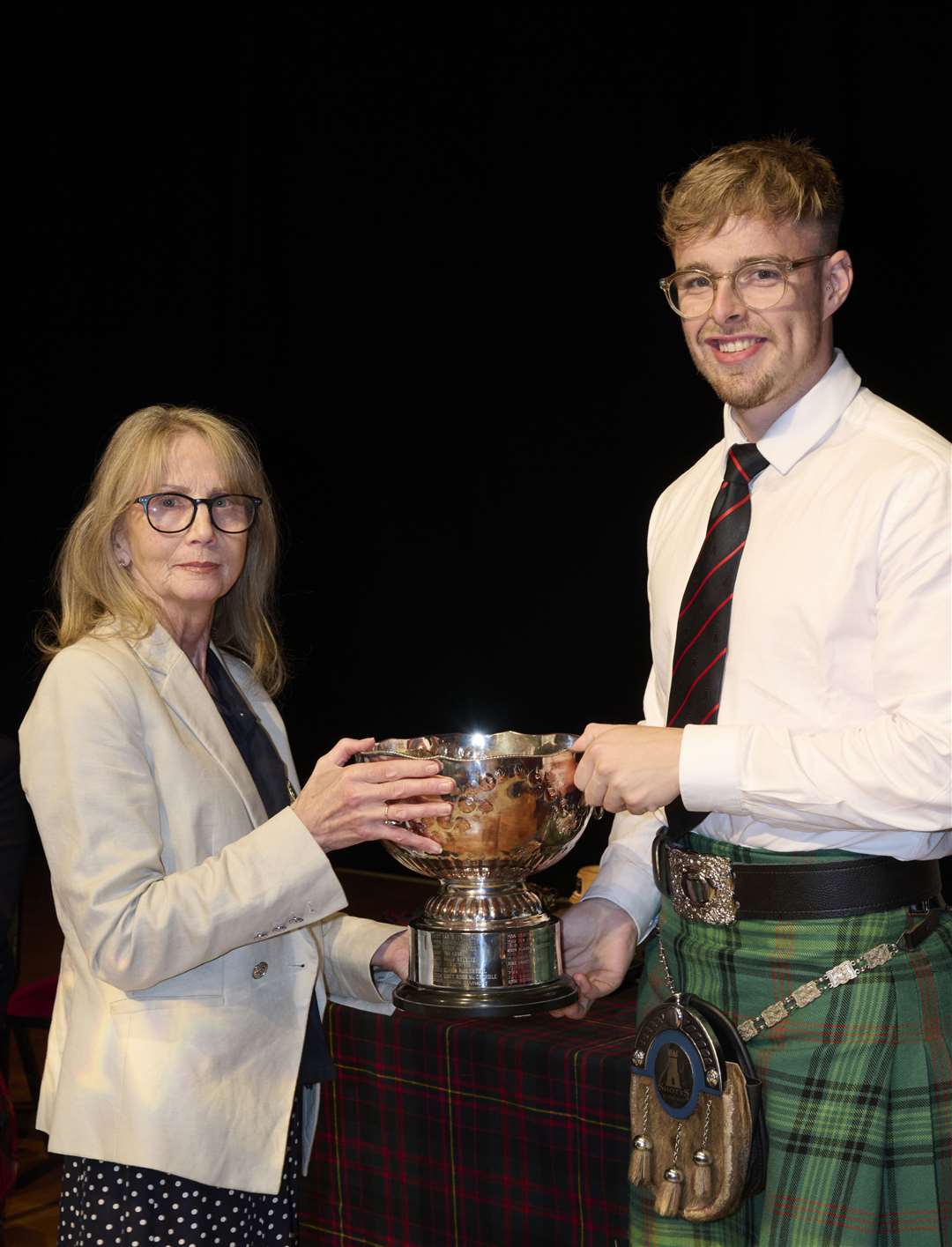 Glynis Campbell-Sinclair (the Provost of Inverness) with Ciaren Ross who won the 1st B MSR at the Northern Meeting 2022 which was held at Eden Court in Inverness.
