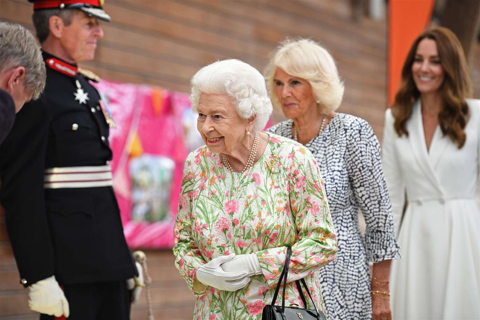 The Queen, the Duchess of Cornwall and the Duchess of Cambridge attend an event at the Eden Project in celebration of The Big Lunch initiative during the G7 summit in Cornwall (Oli Scarff/PA)