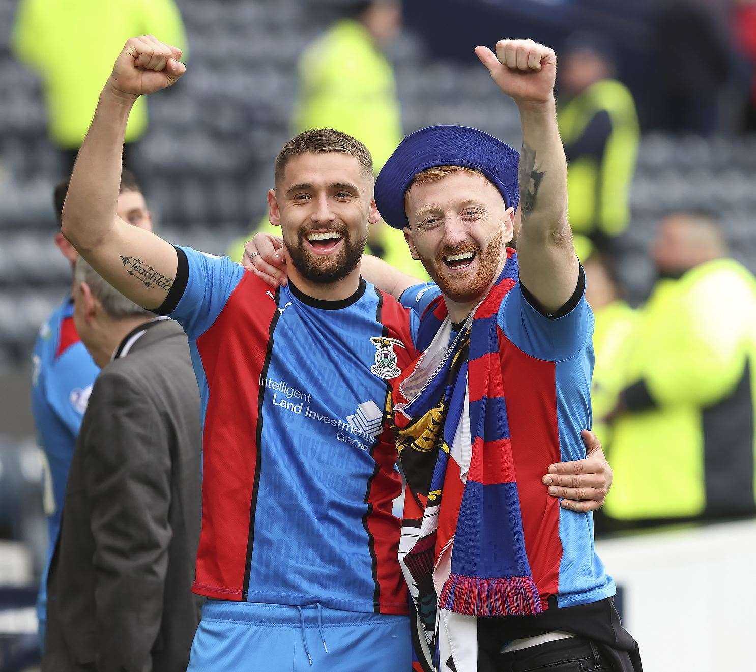 ICT’s Robbie Deas celebrates with David Carson (right) after the final whistle in the semi-final triumph over Falkirk. Picture: Ken Macpherson.