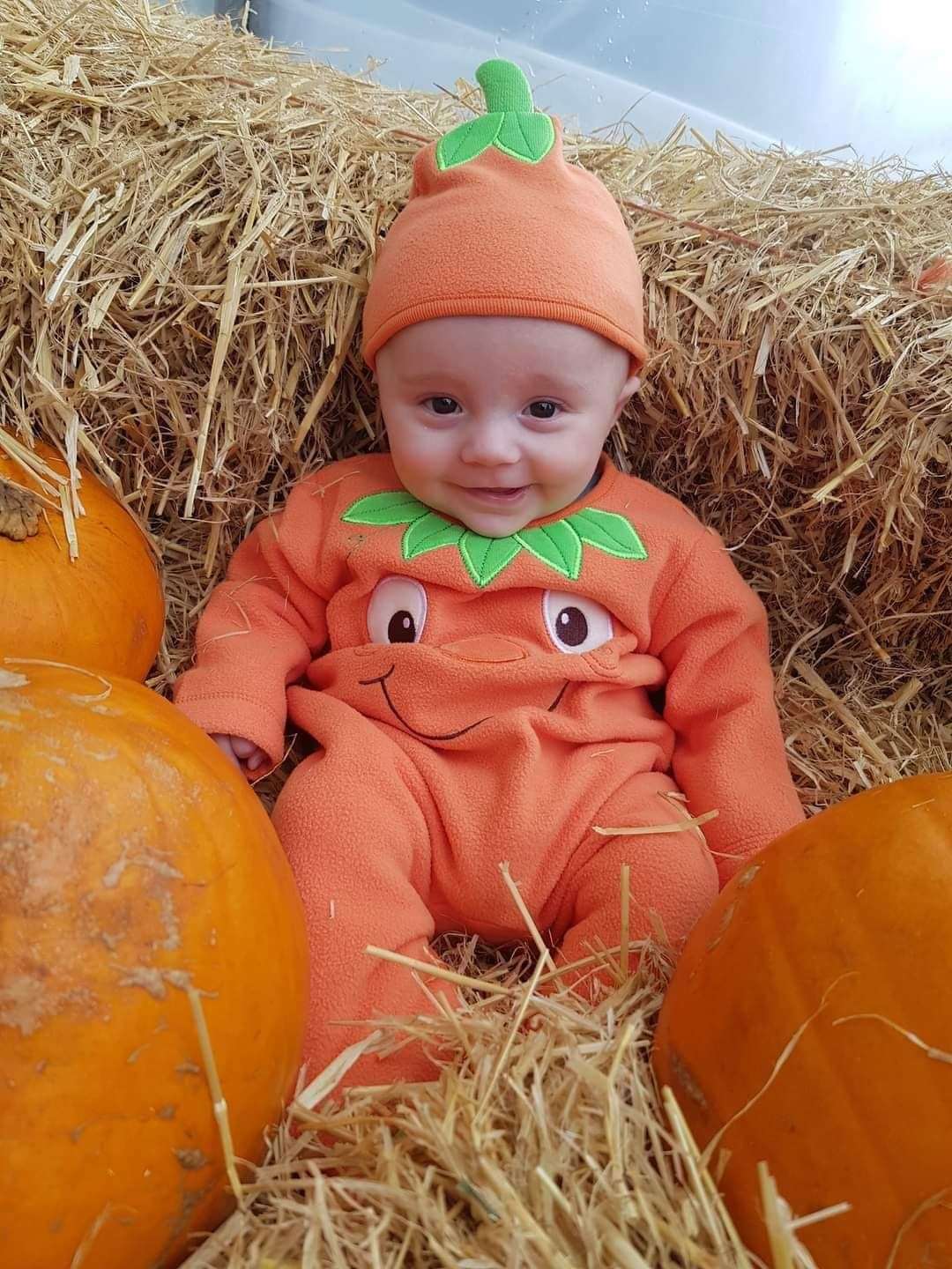 Jade Mackenzie sent in a picture of her little cute pumpkin in a haysack