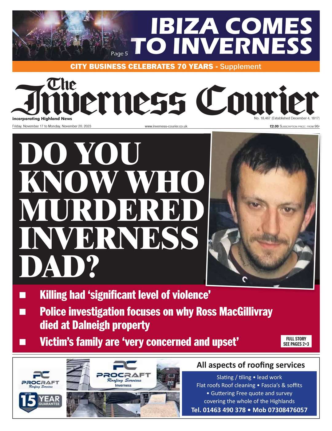 The Inverness Courier, November 17, front page.