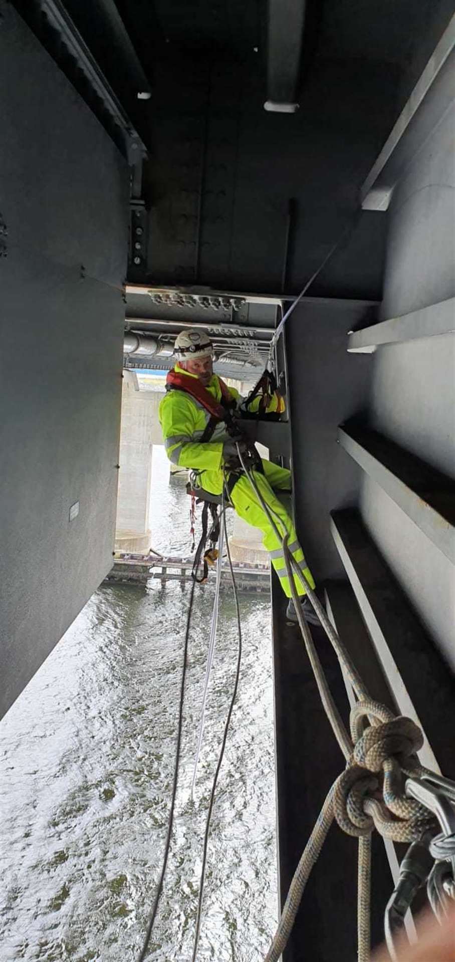 One of the specialists at work for Scottish Water under Kessock Bridge.