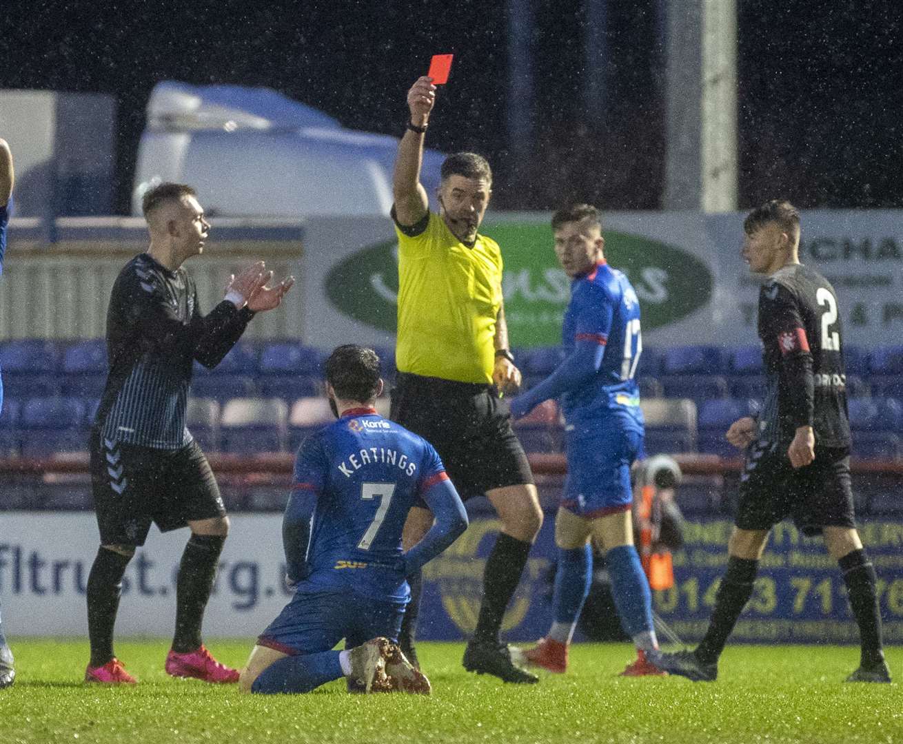 Picture - Ken Macpherson, Inverness. SCOTTISH CHALLENGE CUP - SEMI-FINAL. Inverness CT(2) v Rangers Colts(1).16.02.20. ICT's James Keatings went down under a challenge from Rangers' Ciaran Dickson, only to be shown his 2nd yellow card and a red card.
